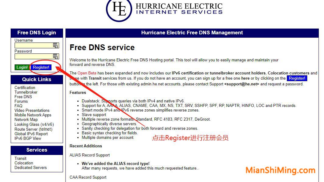 dns.he.net首页register进行注册